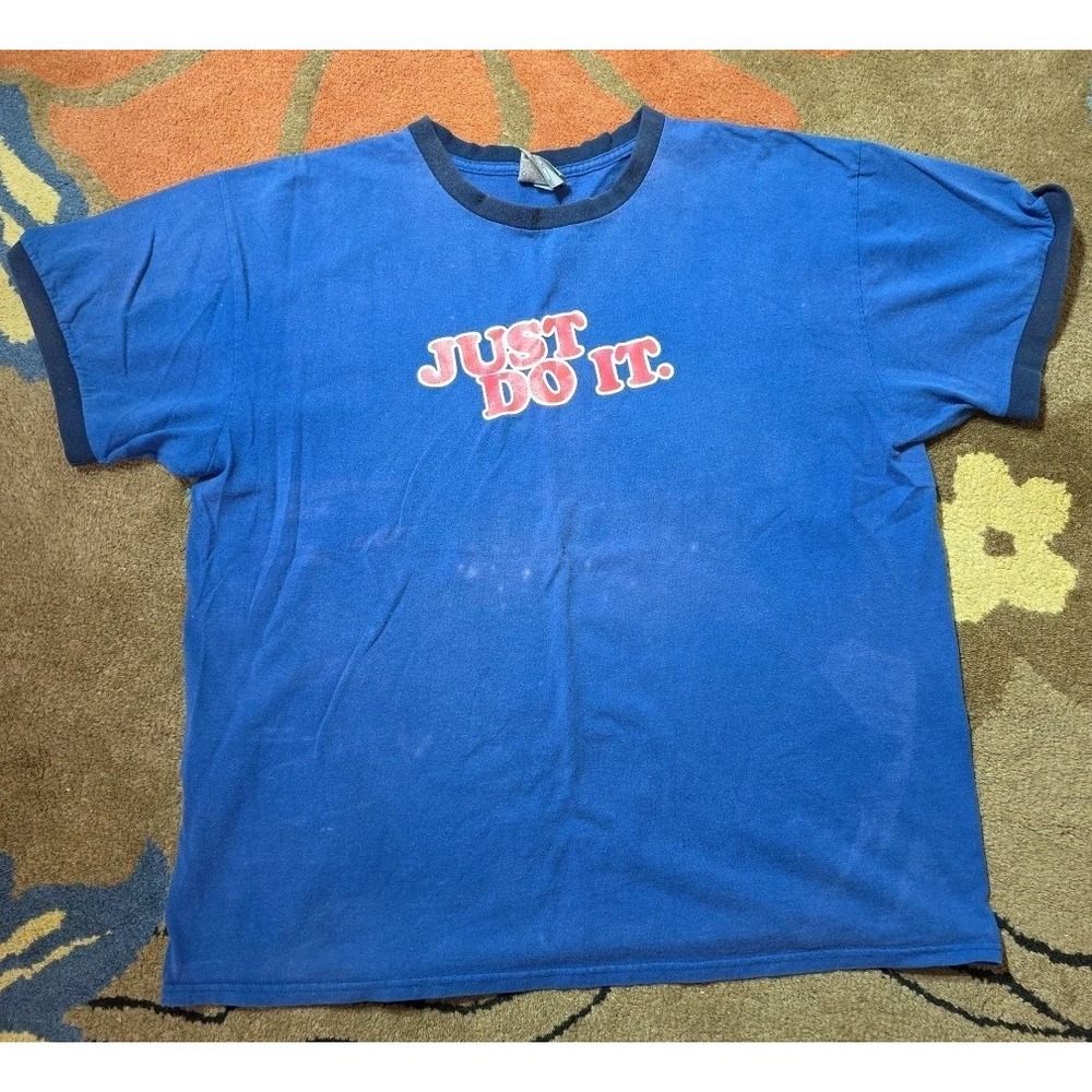 Vintage 90s Nike Just Do It T Shirt Graphic Size XL Ringer Distressed Blue